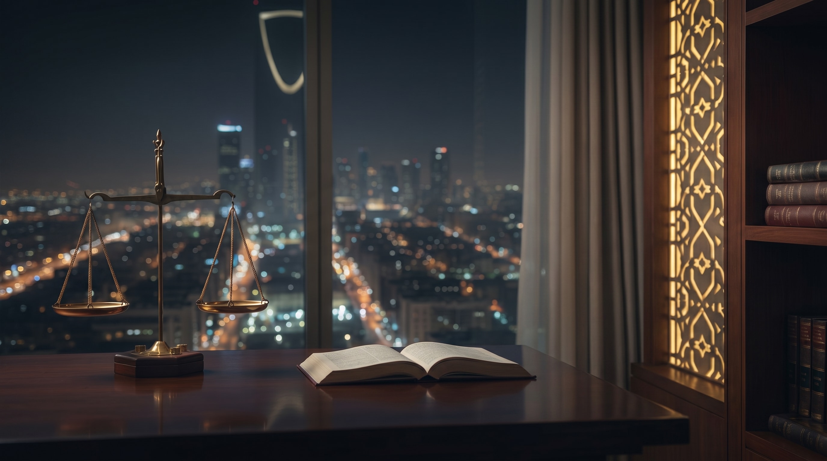 A man in traditional Saudi attire on a balcony at night, overlooking the illuminated Riyadh skyline and Kingdom Centre